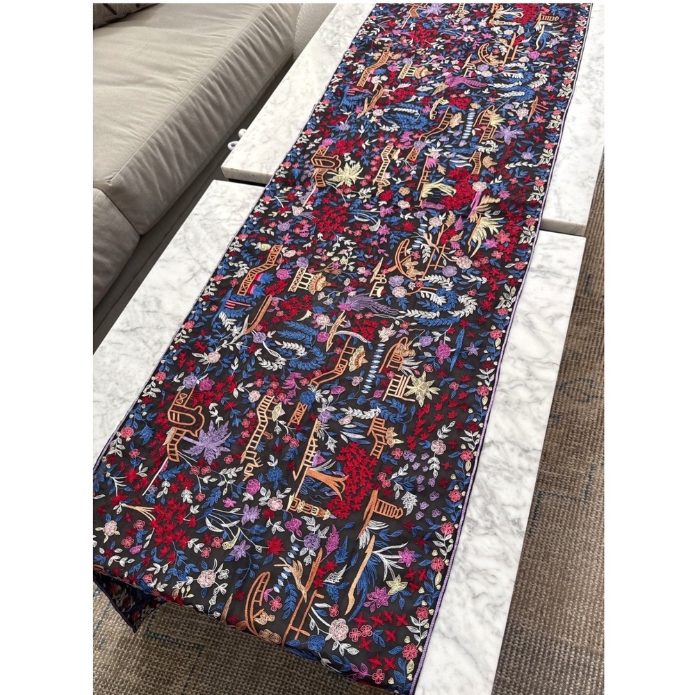 Embroidered Chinoiserie Table Runner Black Pagoda Floral Landscape 72 Inch Long